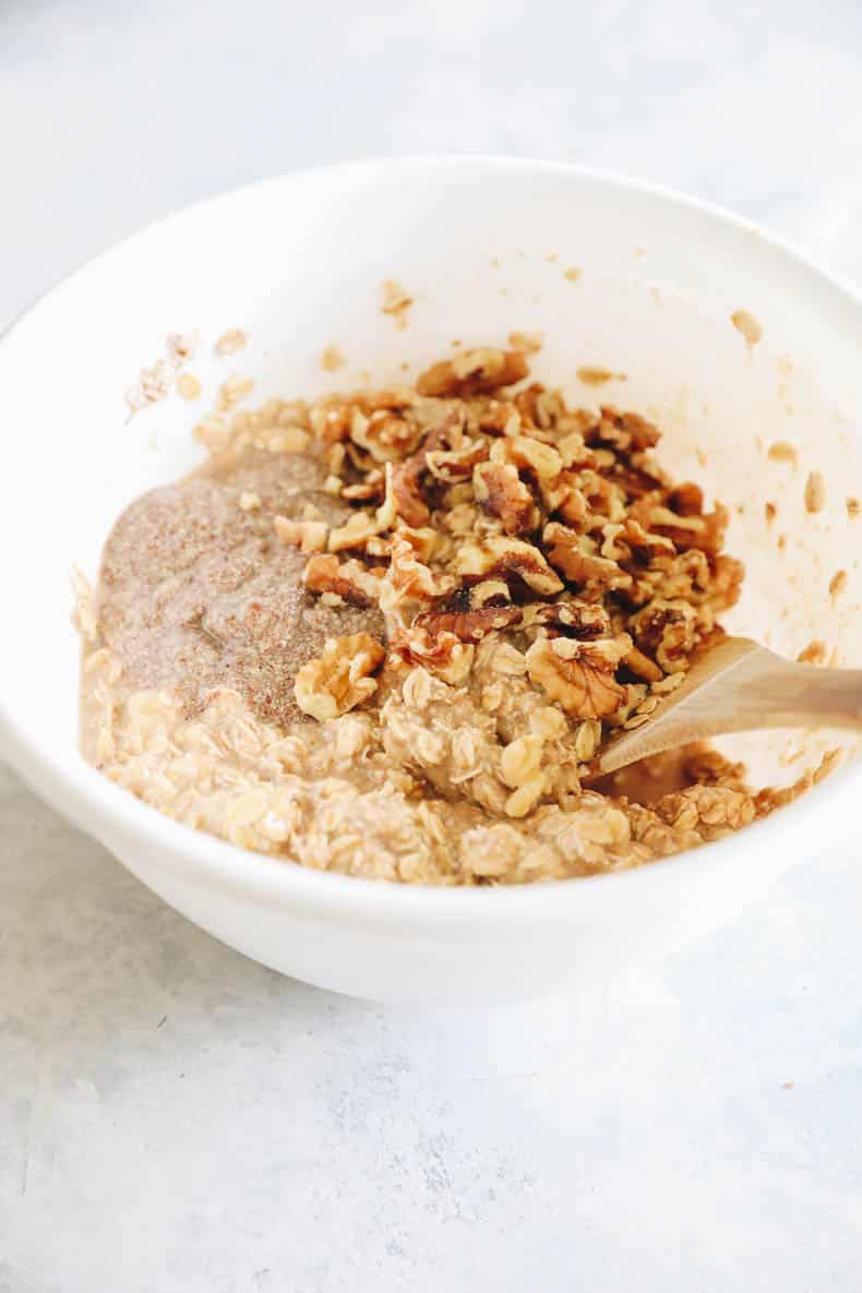 banana baked oatmeal batter in a white bowl.