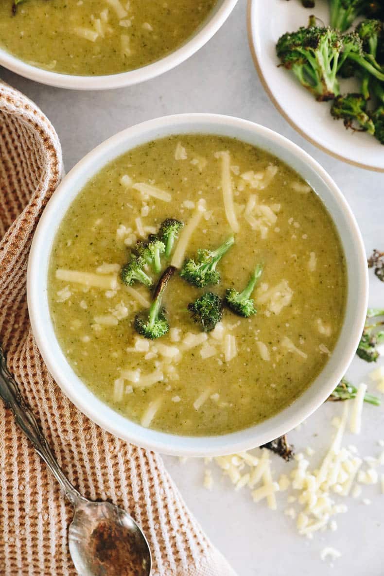 overhead image of potato broccoli cheddar soup.