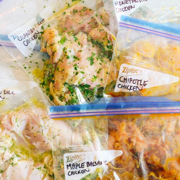 marinated chicken thighs in ziploc bags.