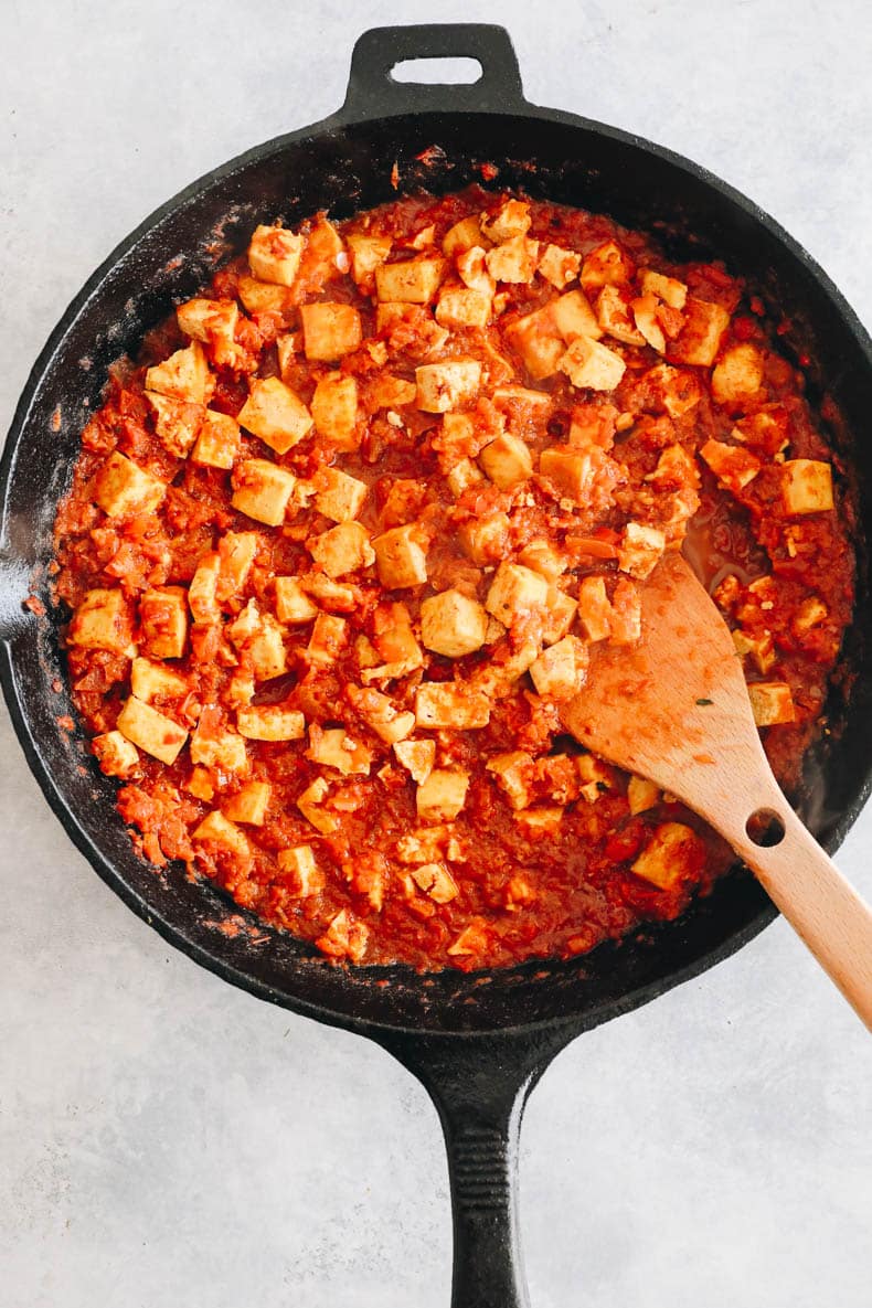 chipotle sofritas in a cast iron skillet