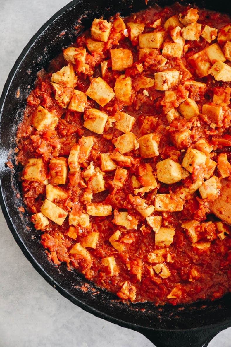 vegan sofritas in a cast iron skillet.