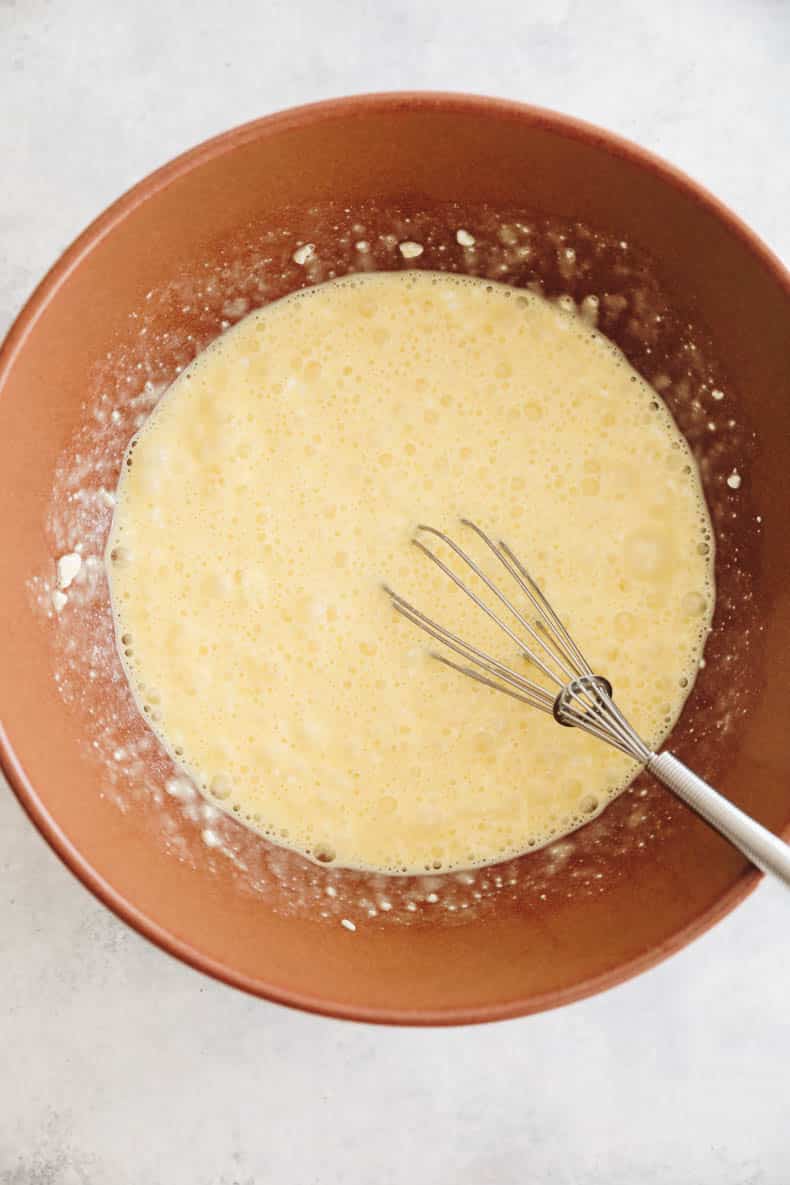 cottage cheese, eggs, vanilla and maple syrup whisked in a large mixing bowl.