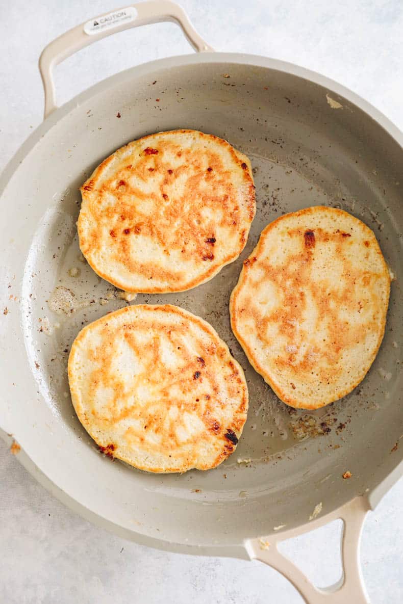 pancakes cooked in a non-stick skillet.