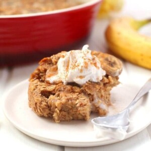 A delicious recipe for Banana Bread Baked Oatmeal that is vegan and gluten-free and packed-full of fiber. An easy weekday breakfast or weekend brunch recipe to serve a crowd.