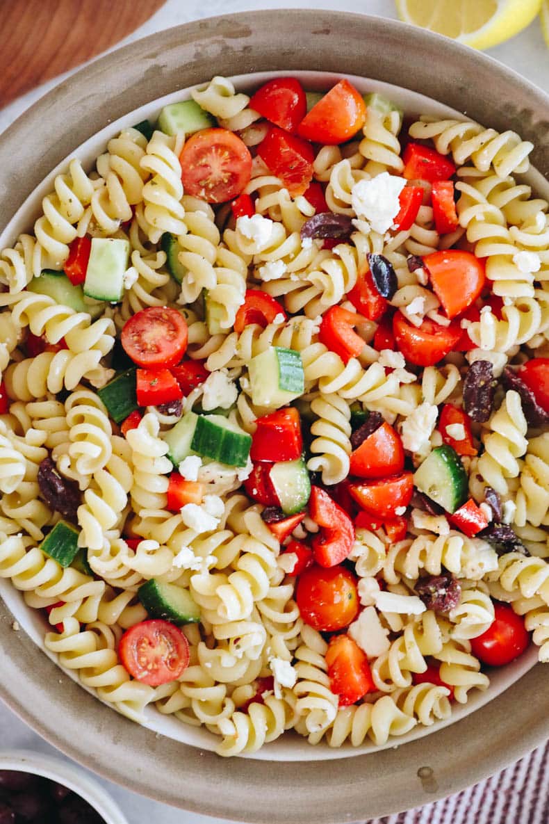 Overhead image of Greek Pasta Salad