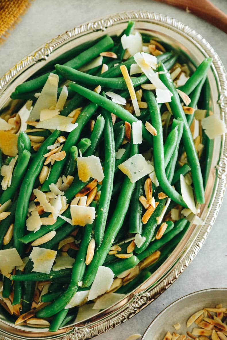 overhead image of green bean salad on a platter.