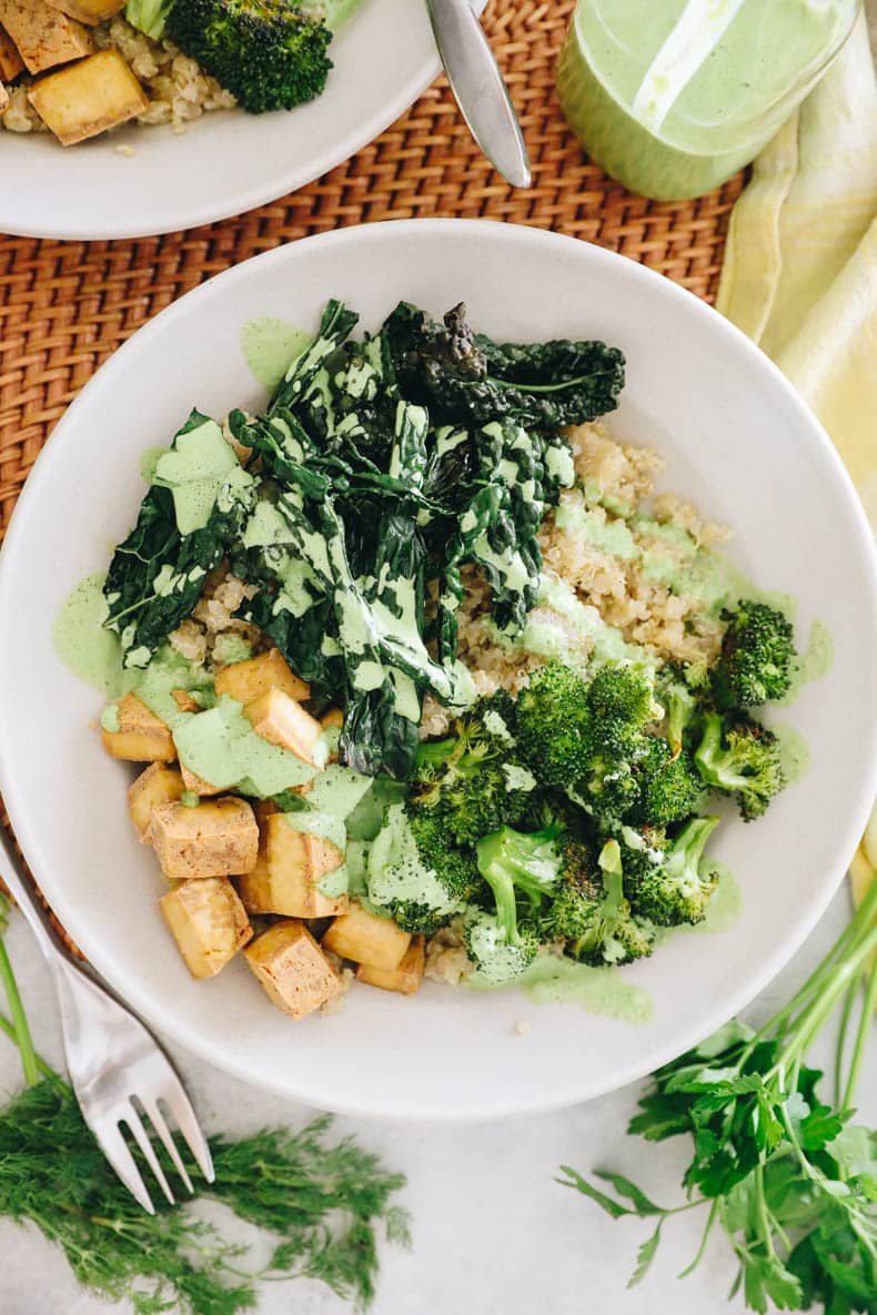 overhead image of green goddess bowl in a white shallow bowl.