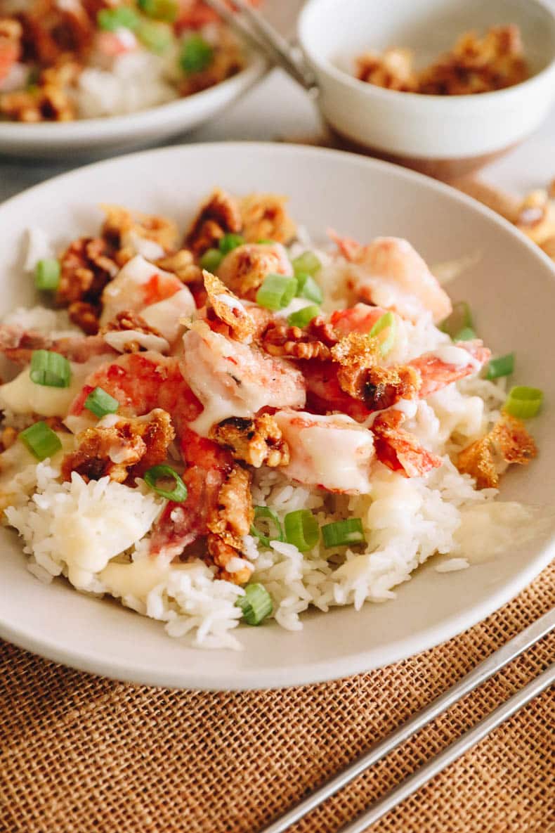 honey walnut shrimp over a bed of white rice with a honey mayo sauce.