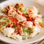 honey walnut shrimp with candied walnuts, green onions over a bed of rice in a white shallow bowl.