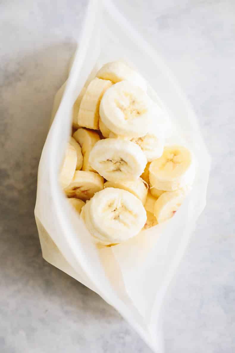 sliced frozen banana in a stasher bag.