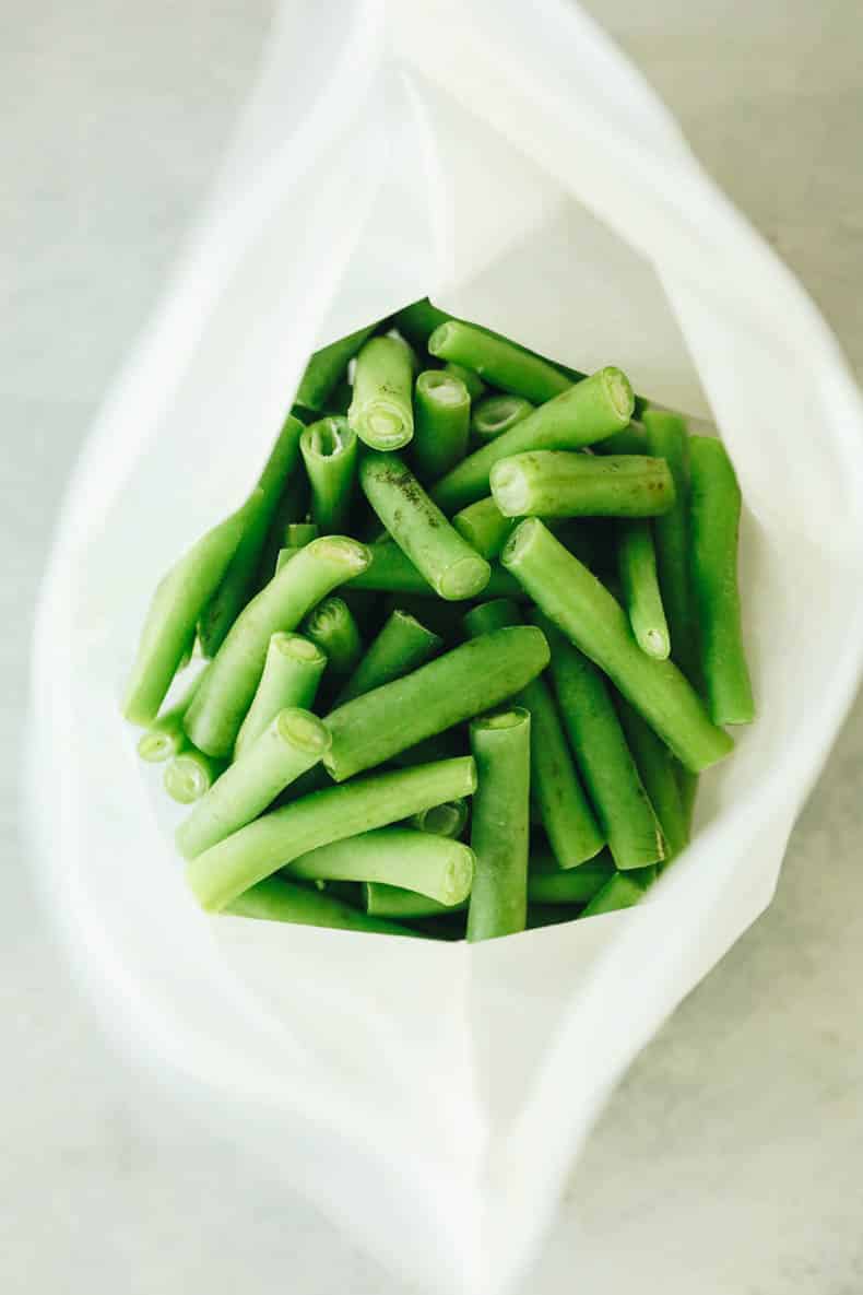 frozen green beans in a freezer bag.