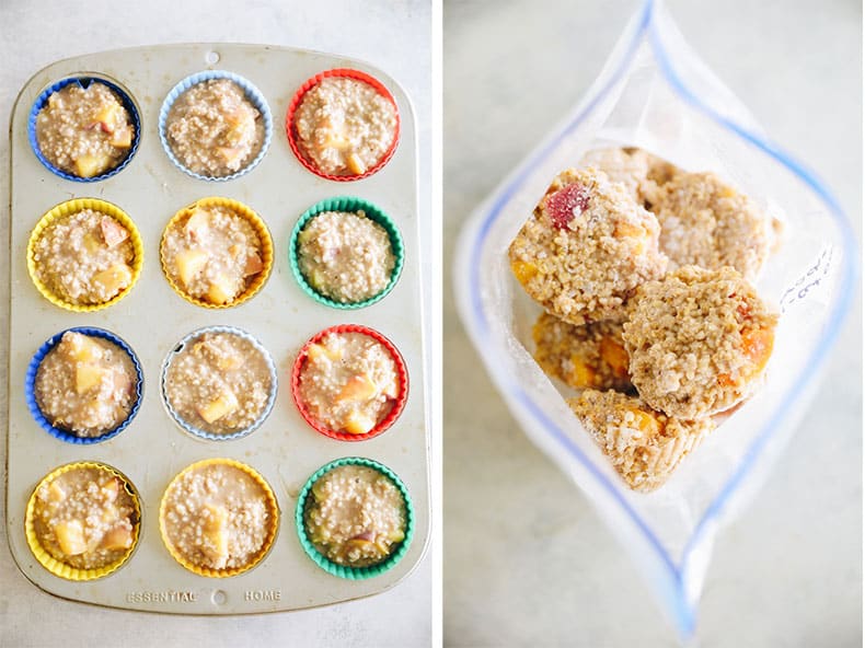 Split image with overhead shot of muffin tin on the left and ziplock bag full of oatmeal muffins on the right.