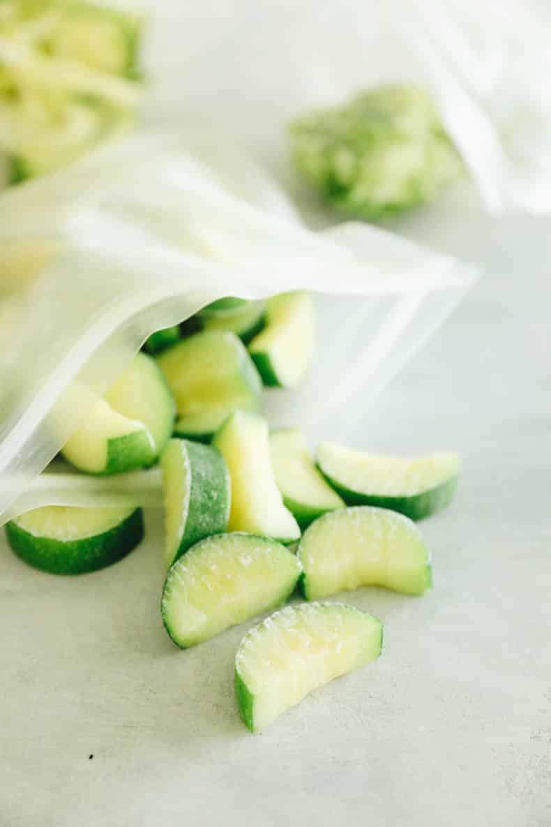 frozen zucchini in a reusable freezer bag