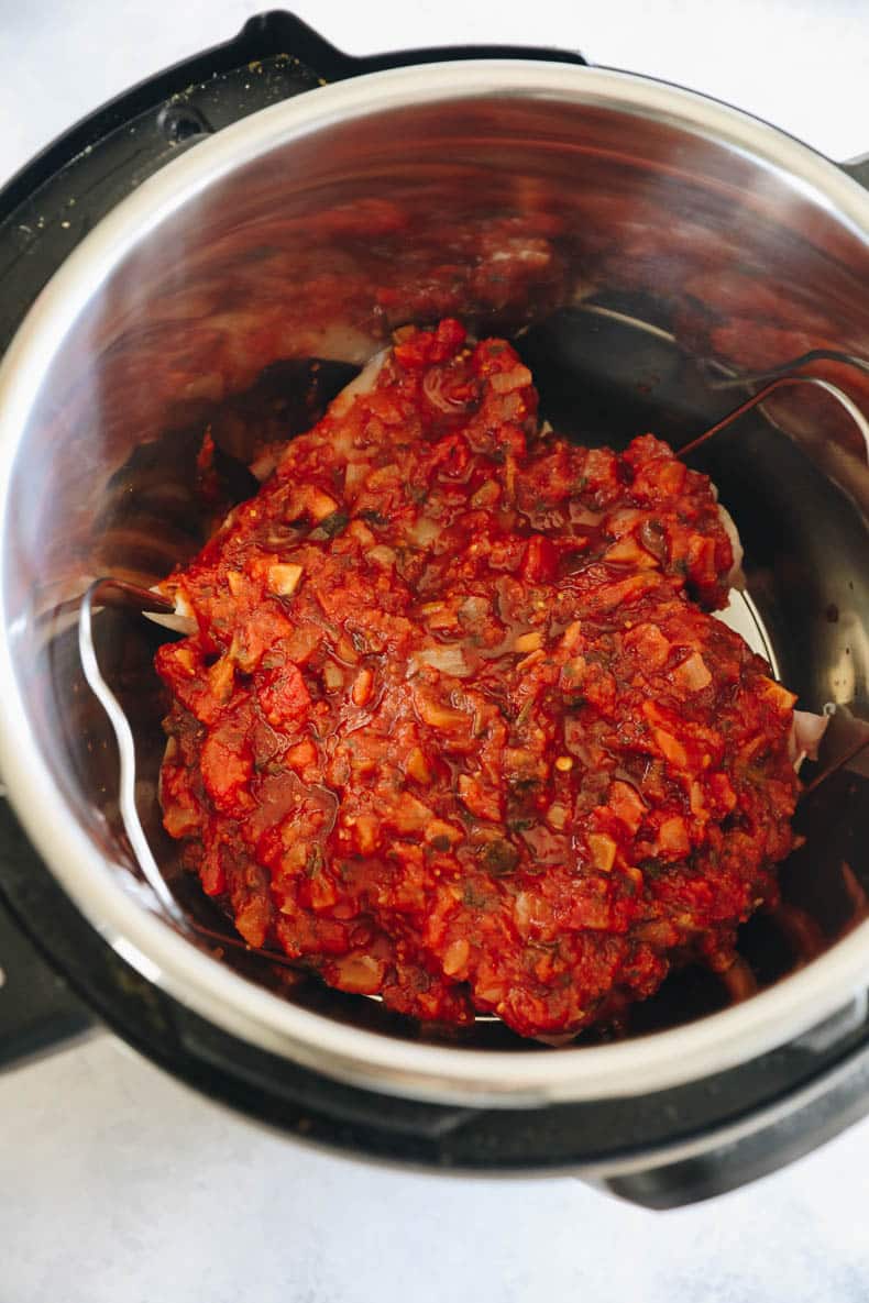 chicken and salsa in the Instant Pot.