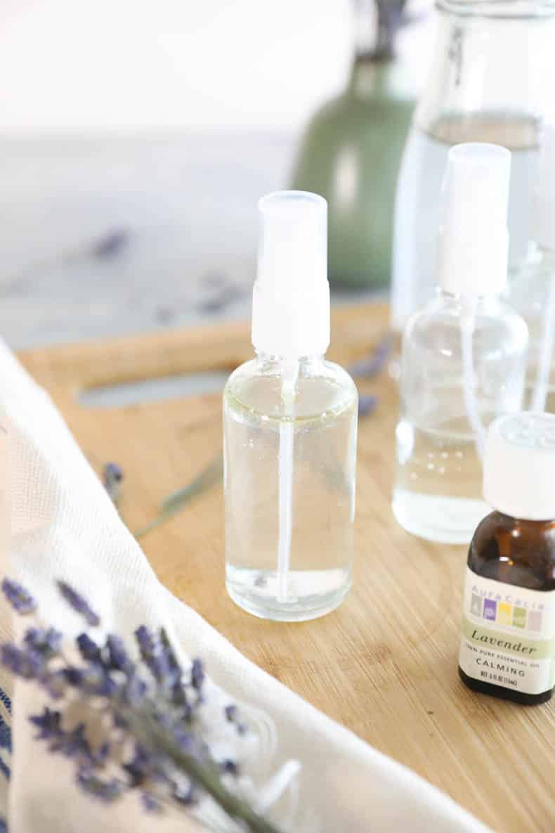 Lavender spray in a clear glass spray bottle.