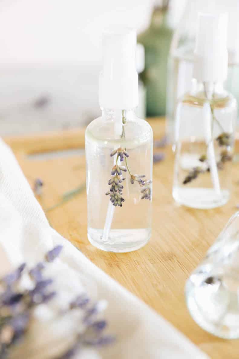 Lavender pillow spray in a glass spray bottle.