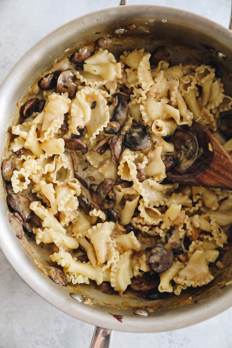 Mushroom stroganoff with noodles in a large pan.