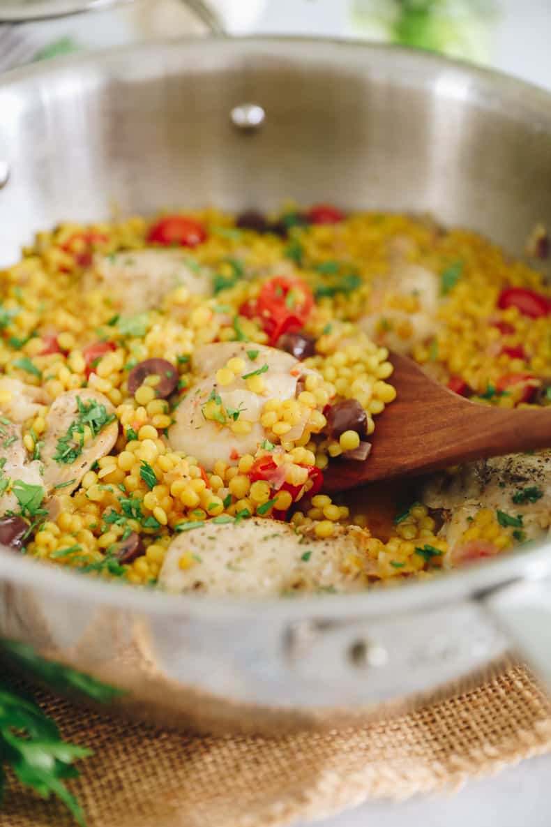 one-pot recipe for israeli couscous with chicken thighs.