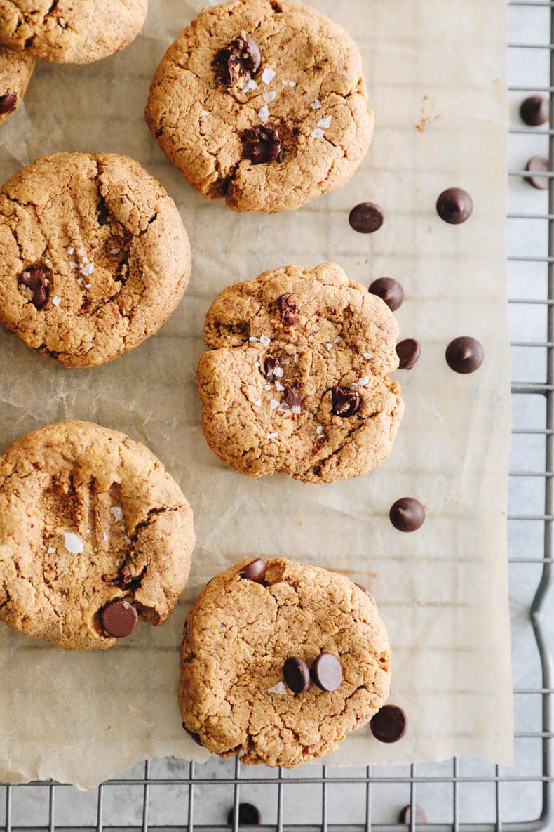 overhead of protein chocolate chip cookies cooling on a wire rack.