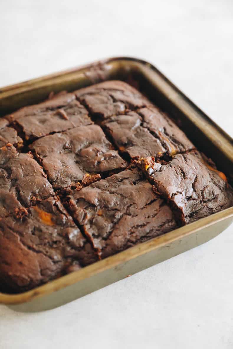 Baked and sliced pumpkin brownies.