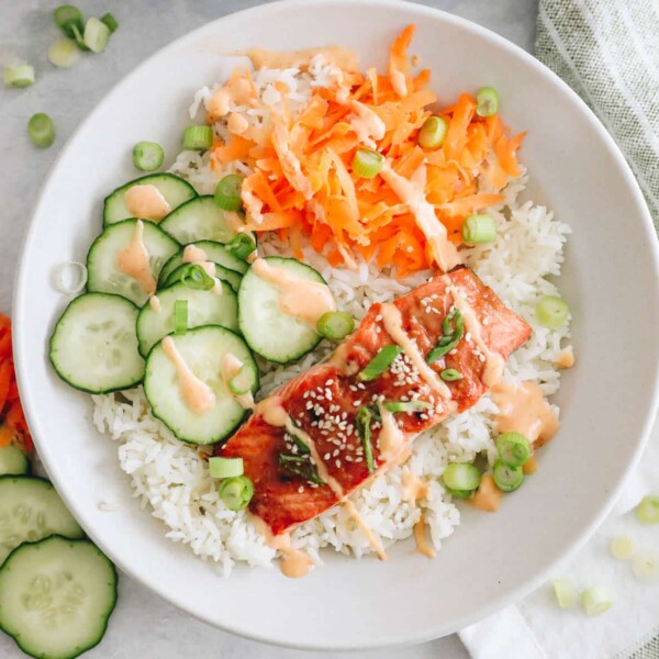 overhead of salmon rice bowls