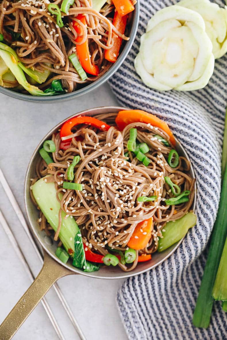 overhead photo of a soba noodles recipe.