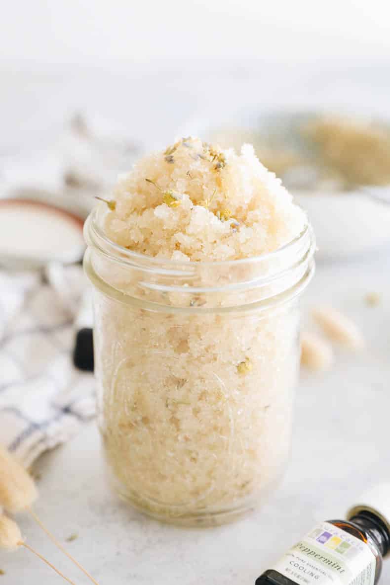 sugar scrub recipe in a clear mason jar.