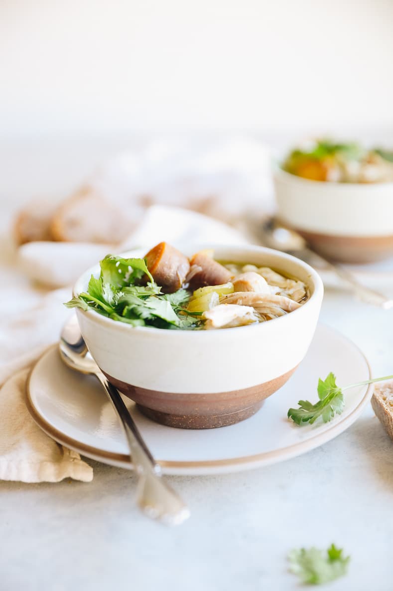 Turkey carcass soup in a bowl.