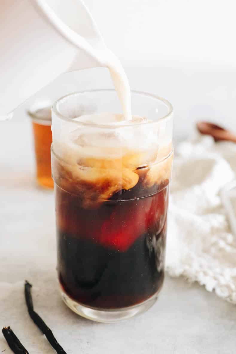 vanilla sweet cream cold brew in a large glass.