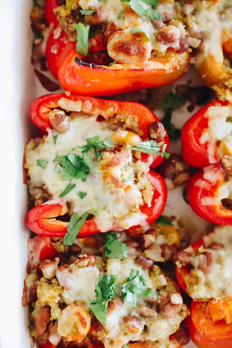 Up close overhead image of vegetarian stuffed peppers.