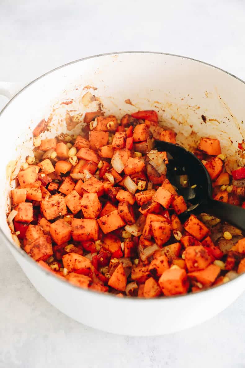 vegetables and spices in a large dutch oven.