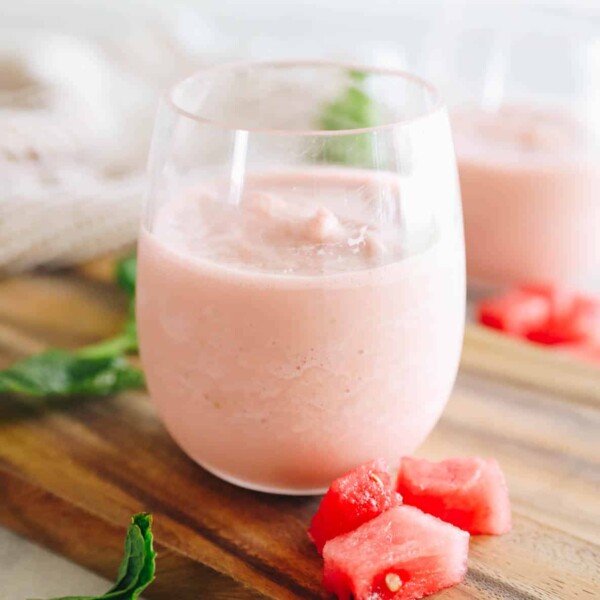 creamy watermelon smoothie recipe in a clear cup.